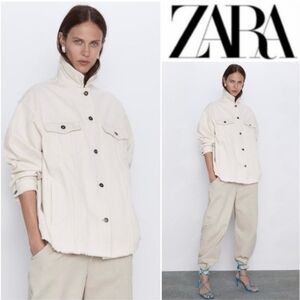 Zara Womens Cotton Corduroy Collared Button Down Jacket White Size XS.